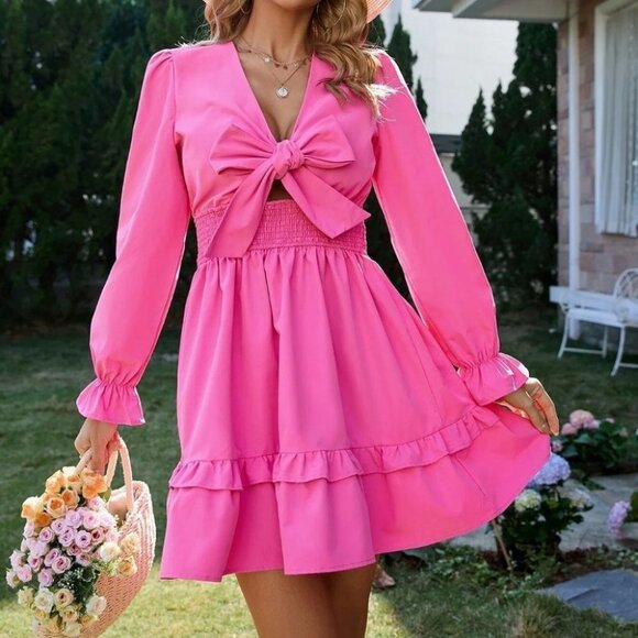 . Dresses & Skirts - Pink Knot Front Shirred Waist Flounce Sleeve Ruffle Hem Dress